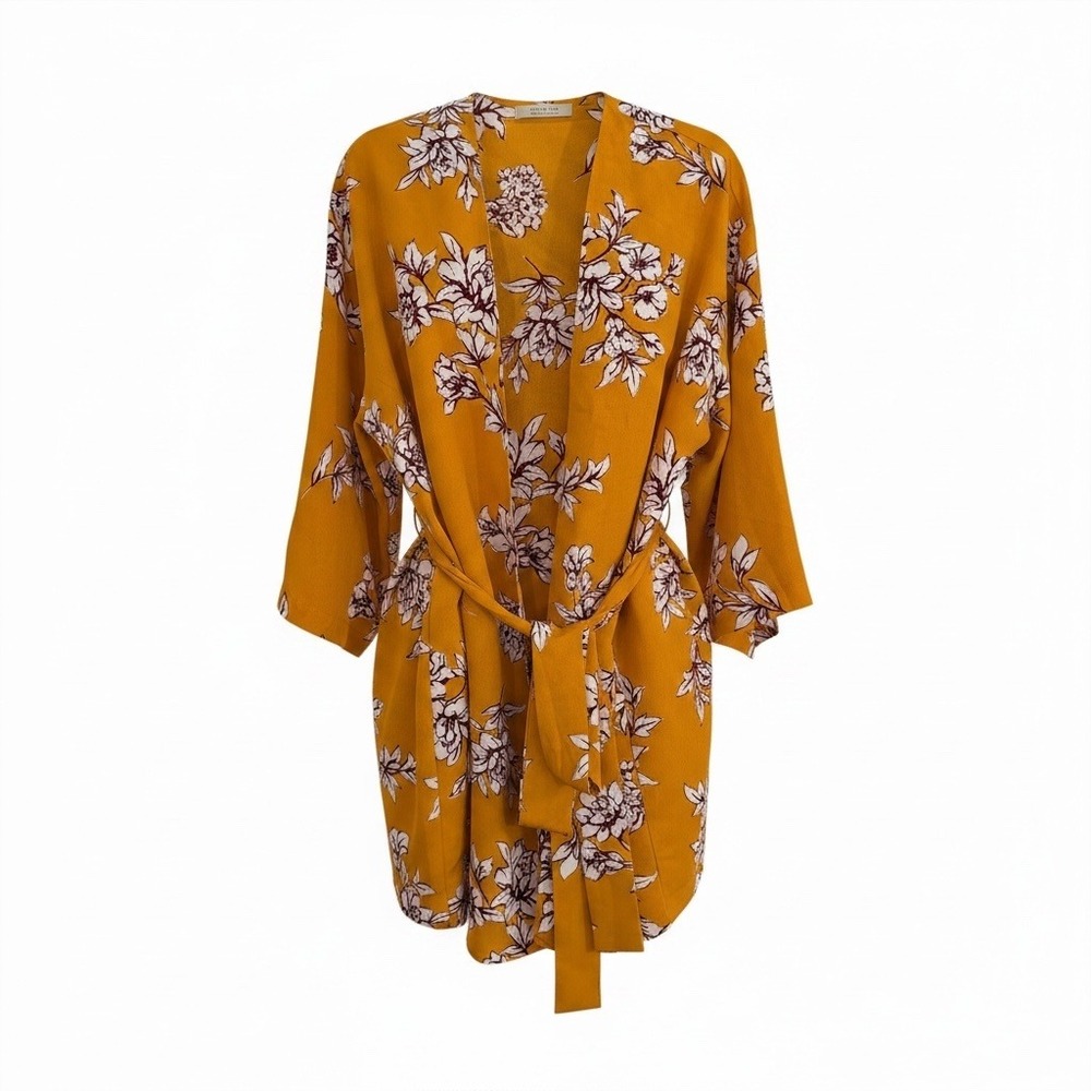 Active USA Womens Yellow Floral Kimono‎ Wrap Robe Boho Chic Size Medium